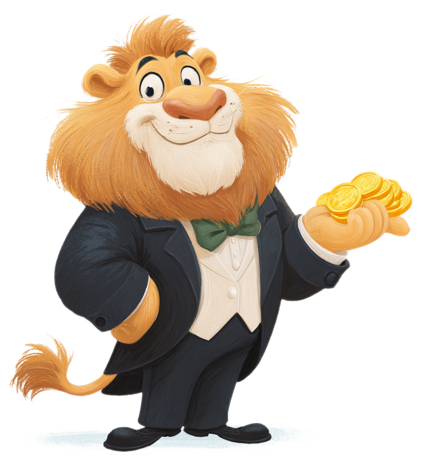 A friendly, cartoon lion mascot in a tuxedo, holding a handful of gold coins.