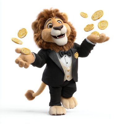 A high-quality, 3D render of a charismatic, dapper lion mascot in a tuxedo, smiling and tossing gleaming gold playing chips in the air, on a transparent background --ar 1:1